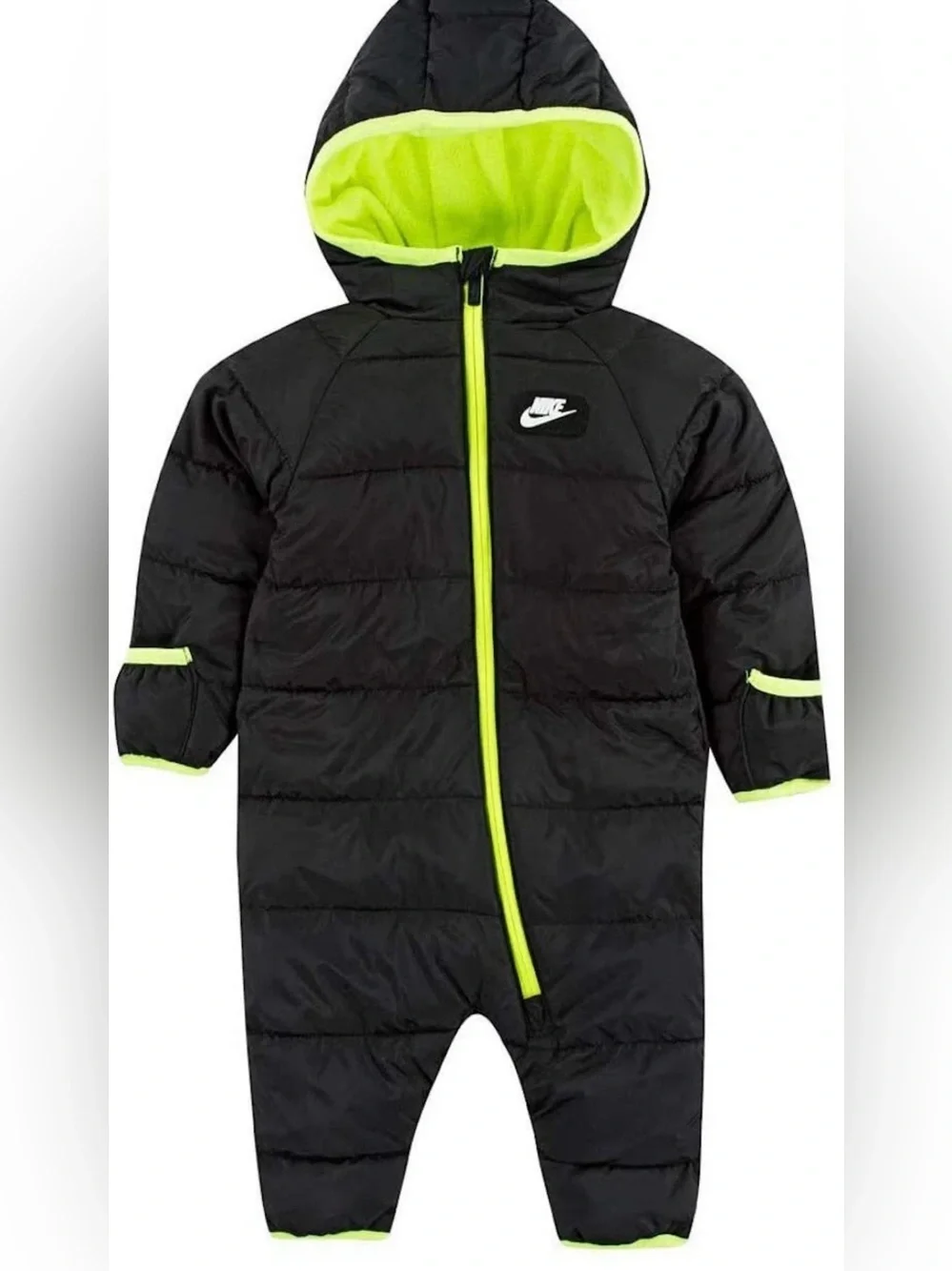 NIKE BLACK NEON VOLT , Size Newborn, GREEN LINED PUFFER HOODED WINTER BUNTING